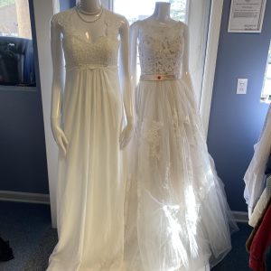 Two wedding dresses presented at the entrance to Tulips Thrift Store, located in Buffton, South Carolina.